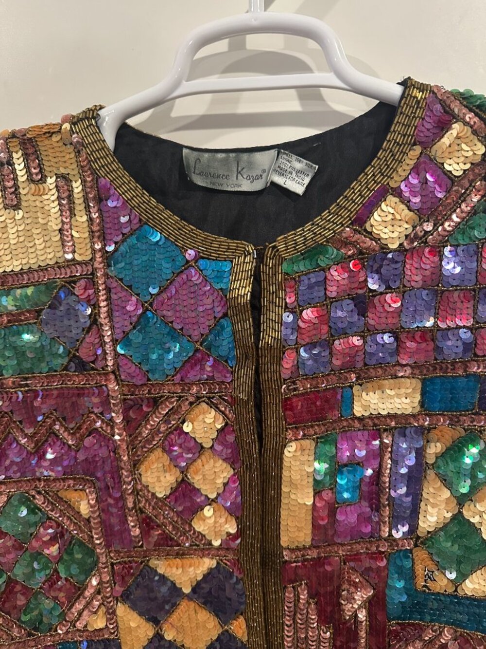 Vintage Laurence Kazar Silk Hand-Sequined Beaded Jacket L Multicolor 80s